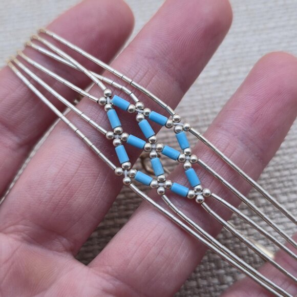 8 Inch Sterling Silver Turquoise Stone Pattern Liquid Silver Bracelet B711 - Picture 2 of 7